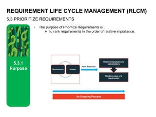 REQUIREMENT LIFE CYCLE MANAGEMENT (RLCM)
5.3 PRIORITIZE REQUIREMENTS
5.3.1
Purpose
• The purpose of Prioritize Requirements is :
 to rank requirements in the order of relative importance.
 