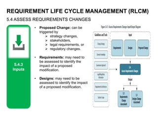 REQUIREMENT LIFE CYCLE MANAGEMENT (RLCM)
5.4 ASSESS REQUIREMENTS CHANGES
5.4.3
Inputs
• Proposed Change: can be
triggered by
 strategy changes,
 stakeholders,
 legal requirements, or
 regulatory changes.
• Requirements: may need to
be assessed to identify the
impact of a proposed
modification.
• Designs: may need to be
assessed to identify the impact
of a proposed modification.
 
