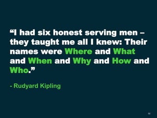 52
“I had six honest serving men –
they taught me all I knew: Their
names were Where and What
and When and Why and How and
Who.”
- Rudyard Kipling
 
