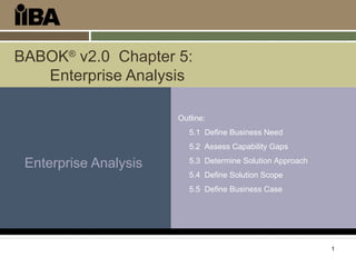 BABOK® v2.0 Chapter 5:
   Enterprise Analysis

                       Outline:
                          5.1 Define Business Need
                          5.2 Assess Capability Gaps

 Enterprise Analysis      5.3 Determine Solution Approach
                          5.4 Define Solution Scope
                          5.5 Define Business Case




                                                            1
 