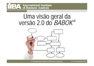 Uma visão geral daUma visão geral da
versão 2.0 do BABOK®
 Cover this area with a
picture related to your
presentation. It can
be humorousbe humorous.
 Make sure you look at
the Notes Pages for
i f timore information
about how to use the
template.
© International Institute of Business Analysis® v3: 10/novembro/2010
 