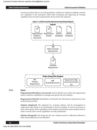 Licensed to Gustavo Simues gustavo.simoes@fattocs.com.br


      Define Transition Requirements                                                        Solution Assessment  Validation

                       In instances where there is no existing solution, and the new solution is adding a entirely
                       new capability to the enterprise rather than extending and improving an existing
                       capability, then transition requirements do not need to be analyzed.

                                          Figure 7–6: Define Transition Requirements Input/Output Diagram
                                                                       Inputs

                                               7.3               3.3

                                         Organizational Requirements Solution                 Solution
                                           Readiness      [Stated]   [Deployed]              [Designed]
                                          Assessment



                                                                     7.4
                                                                Deﬁne Transition
                                                                 Requirements




                                                                         7.4

                                                                   Transition
                                                                 Requirements



                                                        Tasks Using This Output
                                            6.1                                             Requirements Mgt.
                                                                       6.5
                                         Prioritize                                        and Communication
                                                              Verify Requirements
                                       Requirements                                                   +


      7.4.3	           Input
                       Organizational Readiness Assessment: Used to identify areas where the organization
                       needs to add new capabilities to manage and operate the new solution.

                       Requirements [Stated]: Stakeholders will identify the information and processes they
                       need during transition.

                       Solution [Deployed]: The deployed (or existing) solution will be investigated to
                       understand what needs to be transitioned to the new solution. It may be necessary to
                       elicit a description of the capabilities of the solution and perform some analysis tasks in
                       order to ensure that current capabilities are fully understood.

                       Solution [Designed]: The design for the new solution must be sufficiently defined to
                       allow major differences to be identified.

      132                                                                 A Guide to the Business Analysis Body of Knowledge®

Order ID: IIBA-200911231134-455082
 