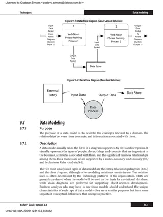 Licensed to Gustavo Simues gustavo.simoes@fattocs.com.br


          Techniques                                                                                        Data Modeling

                                                 Figure 9–1: Data Flow Diagram (Gane-Sarson Notation)
                                       Input            1                                     2              Output
                                        Data                                                                   Data
                                       Packet                                                                 Packet
                                        From       Verb Noun                             Verb Noun              To
                                       Parent                                                                 Parent
                                                 Phrase Naming                         Phrase Naming
                                      Diagram                                                               Diagram
                                      (System       Process 1              Input          Process 2          (System
                                      Input 1)                              Data                            Output 1)
                                                                           Packet



                                                     Output
                                                      Data
                                                     Packet

                                                                       Data Store




                                                   Figure 9–2: Data Flow Diagram (Yourdon Notation)


                                      External
                                                                                                        Data Store
                                       Entity         Input Data               Output Data


                                                                      Data
                                                                     Process


          9.7	              Data Modeling
          9.7.1	            Purpose
                            The purpose of a data model is to describe the concepts relevant to a domain, the
                            relationships between those concepts, and information associated with them.

          9.7.2	            Description
                            A data model usually takes the form of a diagram supported by textual descriptions. It
                            visually represents the types of people, places, things and concepts that are important to
                            the business, attributes associated with them, and the significant business relationships
                            among them. Data models are often supported by a Data Dictionary and Glossary (9.5)
                            and by Business Rules Analysis (9.4).

                            The two most widely used types of data model are the entity-relationship diagram (ERD)
                            and the class diagram, although other modeling notations remain in use. The notation
                            used is often determined by the technology platform of the organization. ERDs are
                            generally preferred when the model will be used as the basis for a relational database,
                            while class diagrams are preferred for supporting object-oriented development.
                            Business analysts who may have to use those models should understand the unique
                            characteristics of each type of data model—they serve similar purposes but have some
                            important conceptual differences that emerge in practice.


          BABOK® Guide, Version 2.0                                                                                     163

Order ID: IIBA-200911231134-455082
 