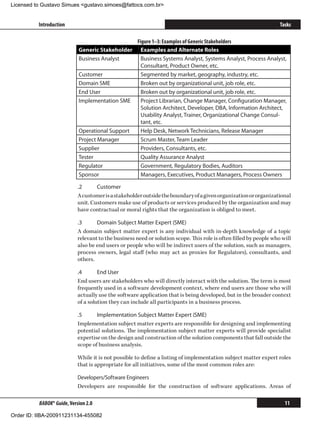 Licensed to Gustavo Simues gustavo.simoes@fattocs.com.br


          Introduction                                                                                              Tasks

                                                      Figure 1–3: Examples of Generic Stakeholders
                            Generic Stakeholder         Examples and Alternate Roles
                            Business Analyst            Business Systems Analyst, Systems Analyst, Process Analyst,
                                                        Consultant, Product Owner, etc.
                            Customer                    Segmented by market, geography, industry, etc.
                            Domain SME                  Broken out by organizational unit, job role, etc.
                            End User                    Broken out by organizational unit, job role, etc.
                            Implementation SME          Project Librarian, Change Manager, Configuration Manager,
                                                        Solution Architect, Developer, DBA, Information Architect,
                                                        Usability Analyst, Trainer, Organizational Change Consul-
                                                        tant, etc.
                            Operational Support         Help Desk, Network Technicians, Release Manager
                            Project Manager             Scrum Master, Team Leader
                            Supplier                    Providers, Consultants, etc.
                            Tester                      Quality Assurance Analyst
                            Regulator                   Government, Regulatory Bodies, Auditors
                            Sponsor                     Managers, Executives, Product Managers, Process Owners

                            .2	     Customer
                            A customer is a stakeholder outside the boundary of a given organization or organizational
                            unit. Customers make use of products or services produced by the organization and may
                            have contractual or moral rights that the organization is obliged to meet.

                            .3	     Domain Subject Matter Expert (SME)
                            A domain subject matter expert is any individual with in-depth knowledge of a topic
                            relevant to the business need or solution scope. This role is often filled by people who will
                            also be end users or people who will be indirect users of the solution, such as managers,
                            process owners, legal staff (who may act as proxies for Regulators), consultants, and
                            others.

                            .4	      End User
                            End users are stakeholders who will directly interact with the solution. The term is most
                            frequently used in a software development context, where end users are those who will
                            actually use the software application that is being developed, but in the broader context
                            of a solution they can include all participants in a business process.

                            .5	     Implementation Subject Matter Expert (SME)
                            Implementation subject matter experts are responsible for designing and implementing
                            potential solutions. The implementation subject matter experts will provide specialist
                            expertise on the design and construction of the solution components that fall outside the
                            scope of business analysis.

                            While it is not possible to define a listing of implementation subject matter expert roles
                            that is appropriate for all initiatives, some of the most common roles are:

                            Developers/Software Engineers
                            Developers are responsible for the construction of software applications. Areas of

          BABOK® Guide, Version 2.0                                                                                   11

Order ID: IIBA-200911231134-455082
 