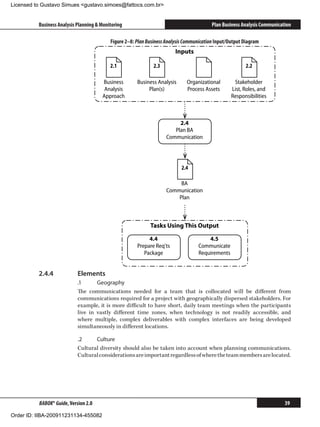 Licensed to Gustavo Simues gustavo.simoes@fattocs.com.br


          Business Analysis Planning  Monitoring                                         Plan Business Analysis Communication

                                           Figure 2–8: Plan Business Analysis Communication Input/Output Diagram
                                                                         Inputs

                                           2.1                 2.3                                       2.2

                                       Business        Business Analysis      Organizational        Stakeholder
                                        Analysis            Plan(s)           Process Assets       List, Roles, and
                                       Approach                                                    Responsibilities



                                                                          2.4
                                                                        Plan BA
                                                                     Communication




                                                                            2.4

                                                                          BA
                                                                     Communication
                                                                         Plan



                                                             Tasks Using This Output

                                                            4.4                        4.5
                                                       Prepare Req'ts              Communicate
                                                          Package                  Requirements


          2.4.4	            Elements
                            .1	     Geography
                            The communications needed for a team that is collocated will be different from
                            communications required for a project with geographically dispersed stakeholders. For
                            example, it is more difficult to have short, daily team meetings when the participants
                            live in vastly different time zones, when technology is not readily accessible, and
                            where multiple, complex deliverables with complex interfaces are being developed
                            simultaneously in different locations.

                            .2	    Culture
                            Cultural diversity should also be taken into account when planning communications.
                            Cultural considerations are important regardless of where the team members are located.




          BABOK® Guide, Version 2.0                                                                                        39

Order ID: IIBA-200911231134-455082
 