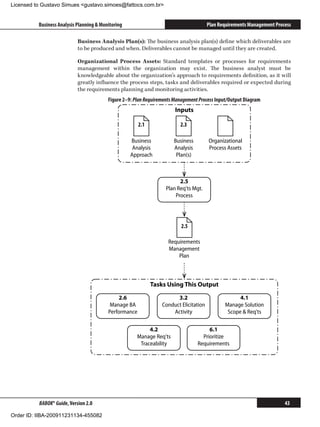 Licensed to Gustavo Simues gustavo.simoes@fattocs.com.br


          Business Analysis Planning  Monitoring                                       Plan Requirements Management Process

                            Business Analysis Plan(s): The business analysis plan(s) define which deliverables are
                            to be produced and when. Deliverables cannot be managed until they are created.

                            Organizational Process Assets: Standard templates or processes for requirements
                            management within the organization may exist. The business analyst must be
                            knowledgeable about the organization’s approach to requirements definition, as it will
                            greatly influence the process steps, tasks and deliverables required or expected during
                            the requirements planning and monitoring activities.
                                          Figure 2–9: Plan Requirements Management Process Input/Output Diagram
                                                                        Inputs

                                                        2.1               2.3

                                                    Business           Business         Organizational
                                                     Analysis          Analysis         Process Assets
                                                    Approach            Plan(s)



                                                                          2.5
                                                                    Plan Req'ts Mgt.
                                                                        Process




                                                                           2.5

                                                                     Requirements
                                                                     Management
                                                                         Plan



                                                              Tasks Using This Output

                                              2.6                       3.2                          4.1
                                           Manage BA              Conduct Elicitation          Manage Solution
                                          Performance                 Activity                  Scope  Req'ts

                                                            4.2                        6.1
                                                       Manage Req'ts                Prioritize
                                                        Traceability              Requirements




          BABOK® Guide, Version 2.0                                                                                      43

Order ID: IIBA-200911231134-455082
 