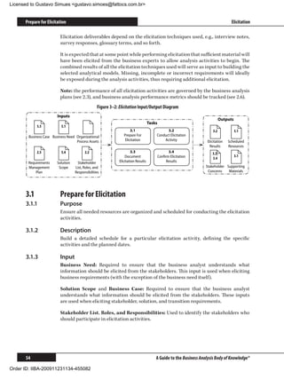 Licensed to Gustavo Simues gustavo.simoes@fattocs.com.br


      Prepare for Elicitation                                                                                                      Elicitation

                          Elicitation deliverables depend on the elicitation techniques used, e.g., interview notes,
                          survey responses, glossary terms, and so forth.

                          It is expected that at some point while performing elicitation that sufficient material will
                          have been elicited from the business experts to allow analysis activities to begin. The
                          combined results of all the elicitation techniques used will serve as input to building the
                          selected analytical models. Missing, incomplete or incorrect requirements will ideally
                          be exposed during the analysis activities, thus requiring additional elicitation.

                          Note: the performance of all elicitation activities are governed by the business analysis
                          plans (see 2.3), and business analysis performance metrics should be tracked (see 2.6).
                                                 Figure 3–2: Elicitation Input/Output Diagram
                         Inputs
                                                                                                                             Outputs
                                                                                   Tasks
             5.5           5.1
                                                                     3.1                     3.2                       3.2             3.1
        Business Case Business Need Organizational              Prepare For            Conduct Elicitation
                                    Process Assets               Elicitation               Activity                Elicitation   Scheduled
                                                                                                                    Results      Resources
             2.5           5.4           2.2                         3.3                         3.4                  3.3,
                                                                 Document                  Conﬁrm Elicitation                          3.1
                                                                                                                      3.4
        Requirements    Solution    Stakeholder              Elicitation Results                Results
        Management       Scope     List, Roles, and                                                               Stakeholder Supporting
            Plan                   Responsibilities                                                                Concerns    Materials




      3.1	                Prepare for Elicitation
      3.1.1	              Purpose
                          Ensure all needed resources are organized and scheduled for conducting the elicitation
                          activities.

      3.1.2	              Description
                          Build a detailed schedule for a particular elicitation activity, defining the specific
                          activities and the planned dates.

      3.1.3	              Input
                          Business Need: Required to ensure that the business analyst understands what
                          information should be elicited from the stakeholders. This input is used when eliciting
                          business requirements (with the exception of the business need itself).

                          Solution Scope and Business Case: Required to ensure that the business analyst
                          understands what information should be elicited from the stakeholders. These inputs
                          are used when eliciting stakeholder, solution, and transition requirements.

                          Stakeholder List, Roles, and Responsibilities: Used to identify the stakeholders who
                          should participate in elicitation activities.




      54                                                                               A Guide to the Business Analysis Body of Knowledge®

Order ID: IIBA-200911231134-455082
 