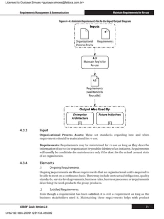 Licensed to Gustavo Simues gustavo.simoes@fattocs.com.br


          Requirements Management  Communication                                             Maintain Requirements for Re-use

                                           Figure 4–4: Maintain Requirements for Re-Use Input/Output Diagram
                                                                       Inputs

                                                                                      *
                                                          Organizational         Requirements
                                                          Process Assets



                                                                        4.3
                                                                 Maintain Req'ts for
                                                                      Re-use



                                                                           4.3

                                                                   Requirements
                                                                   [Maintained 
                                                                     Reusable]



                                                             Output Also Used By
                                                       Enterprise                 Future Initiatives
                                                      Architecture
                                                             +                            +


          4.3.3	            Input
                            Organizational Process Assets: These set standards regarding how and when
                            requirements should be maintained for re-use.

                            Requirements: Requirements may be maintained for re-use as long as they describe
                            information of use to the organization beyond the lifetime of an initiative. Requirements
                            will usually be candidates for maintenance only if the describe the actual current state
                            of an organization.

          4.3.4	            Elements
                            .1	      Ongoing Requirements
                            Ongoing requirements are those requirements that an organizational unit is required to
                            be able to meet on a continuous basis. These may include contractual obligations, quality
                            standards, service level agreements, business rules, business processes, or requirements
                            describing the work products the group produces.

                            .2	    Satisfied Requirements
                            Even though a requirement has been satisfied, it is still a requirement as long as the
                            business stakeholders need it. Maintaining these requirements helps with product


          BABOK® Guide, Version 2.0                                                                                        71

Order ID: IIBA-200911231134-455082
 