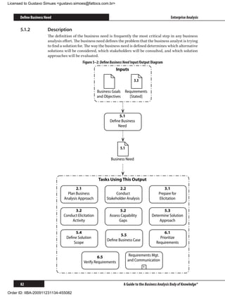 Licensed to Gustavo Simues gustavo.simoes@fattocs.com.br


      Define Business Need                                                                             Enterprise Analysis

      5.1.2	           Description
                       The definition of the business need is frequently the most critical step in any business
                       analysis effort. The business need defines the problem that the business analyst is trying
                       to find a solution for. The way the business need is defined determines which alternative
                       solutions will be considered, which stakeholders will be consulted, and which solution
                       approaches will be evaluated.
                                           Figure 5–2: Define Business Need Input/Output Diagram
                                                                 Inputs

                                                                              3.3

                                                      Business Goals     Requirements
                                                      and Objectives       [Stated]



                                                                  5.1
                                                             Deﬁne Business
                                                                 Need




                                                                   5.1

                                                              Business Need



                                                      Tasks Using This Output
                                       2.1                         2.2                             3.1
                                  Plan Business                 Conduct                        Prepare for
                                Analysis Approach          Stakeholder Analysis                Elicitation

                                      3.2                           5.2                          5.3
                                Conduct Elicitation          Assess Capability            Determine Solution
                                    Activity                       Gaps                       Approach

                                      5.4                                                         6.1
                                                                   5.5
                                  Deﬁne Solution                                               Prioritize
                                                            Deﬁne Business Case
                                     Scope                                                   Requirements


                                                     6.5                   Requirements Mgt.
                                            Verify Requirements           and Communication
                                                                                    +




      82                                                               A Guide to the Business Analysis Body of Knowledge®

Order ID: IIBA-200911231134-455082
 