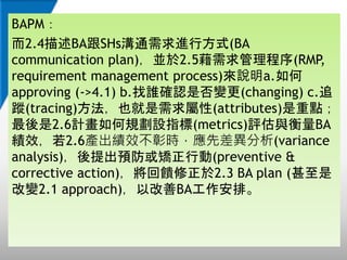BAPM
2.4BASHsͨMзʽ(BA
communication plan)K2.5(RMP,
requirement management process)fa.
approving (->4.1) b.l_JǷ׃(changing) c.׷
ۙ(tracing)Ҳ(attributes)c
2.6ӋҎOָ(metrics)ucBA
Ч2.6aЧÕrȲ(variance
analysis)ACЄ(preventive &
corrective action)2.3 BA plan (
׃2.1 approach)ԸBAš
 