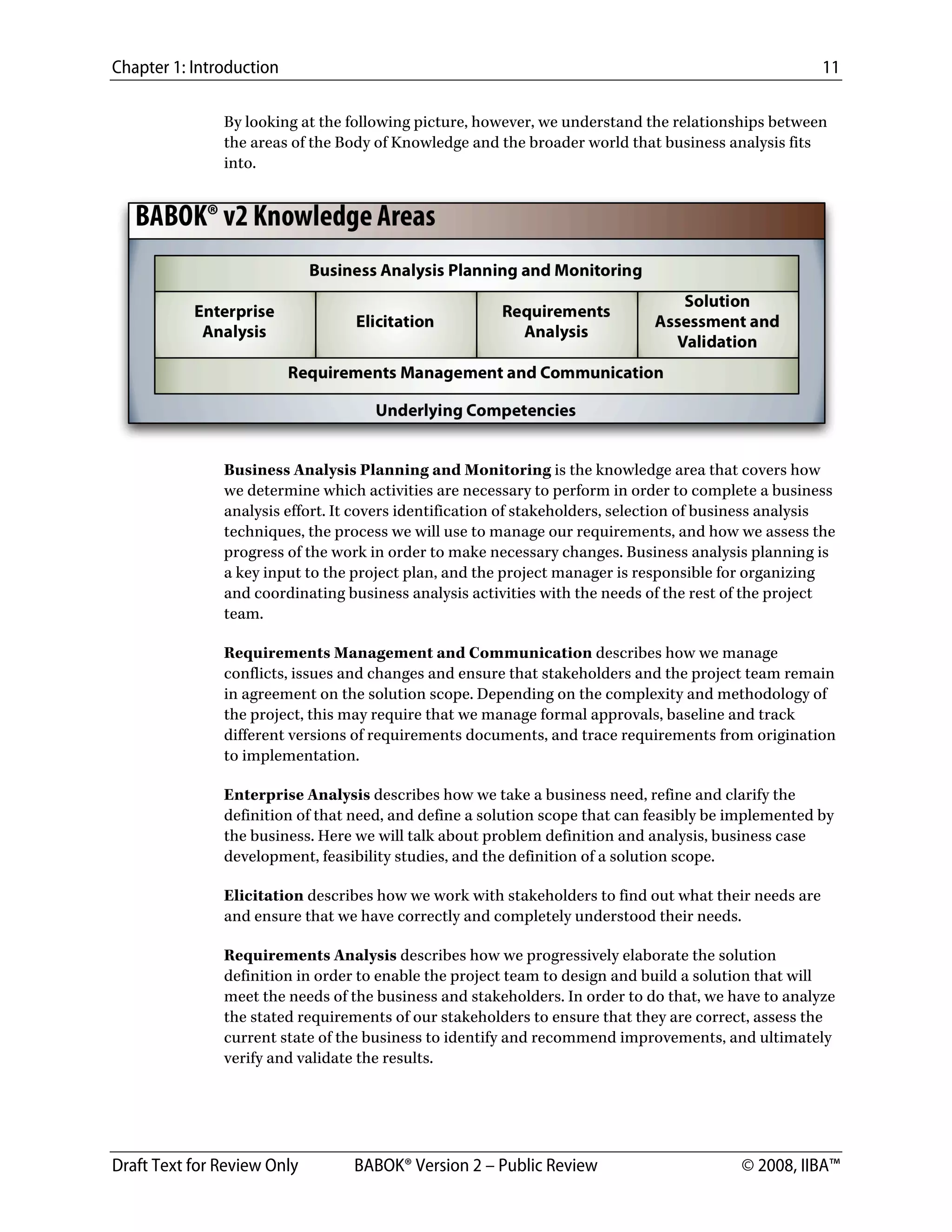 Chapter 1: Introduction 11
Draft Text for Review Only BABOK® Version 2 – Public Review © 2008, IIBA™
By looking at the following picture, however, we understand the relationships between
the areas of the Body of Knowledge and the broader world that business analysis fits
into.
 
Business Analysis Planning and Monitoring is the knowledge area that covers how
we determine which activities are necessary to perform in order to complete a business
analysis effort. It covers identification of stakeholders, selection of business analysis
techniques, the process we will use to manage our requirements, and how we assess the
progress of the work in order to make necessary changes. Business analysis planning is
a key input to the project plan, and the project manager is responsible for organizing
and coordinating business analysis activities with the needs of the rest of the project
team.
Requirements Management and Communication describes how we manage
conflicts, issues and changes and ensure that stakeholders and the project team remain
in agreement on the solution scope. Depending on the complexity and methodology of
the project, this may require that we manage formal approvals, baseline and track
different versions of requirements documents, and trace requirements from origination
to implementation.
Enterprise Analysis describes how we take a business need, refine and clarify the
definition of that need, and define a solution scope that can feasibly be implemented by
the business. Here we will talk about problem definition and analysis, business case
development, feasibility studies, and the definition of a solution scope.
Elicitation describes how we work with stakeholders to find out what their needs are
and ensure that we have correctly and completely understood their needs.
Requirements Analysis describes how we progressively elaborate the solution
definition in order to enable the project team to design and build a solution that will
meet the needs of the business and stakeholders. In order to do that, we have to analyze
the stated requirements of our stakeholders to ensure that they are correct, assess the
current state of the business to identify and recommend improvements, and ultimately
verify and validate the results.
DRAFT
 