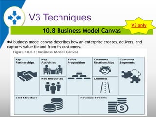 10.8 Business Model Canvas
A business model canvas describes how an enterprise creates, delivers, and
captures value for and from its customers.
V3 only
 
