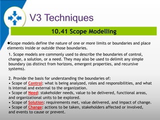 10.41 Scope Modelling
Scope models define the nature of one or more limits or boundaries and place
elements inside or outside those boundaries.
1. Scope models are commonly used to describe the boundaries of control,
change, a solution, or a need. They may also be used to delimit any simple
boundary (as distinct from horizons, emergent properties, and recursive
systems).
2. Provide the basis for understanding the boundaries of:
• Scope of Control: what is being analyzed, roles and responsibilities, and what
is internal and external to the organization.
• Scope of Need: stakeholder needs, value to be delivered, functional areas,
and organizational units to be explored.
• Scope of Solution: requirements met, value delivered, and impact of change.
• Scope of Change: actions to be taken, stakeholders affected or involved,
and events to cause or prevent.
 