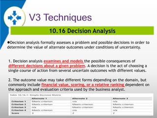 10.16 Decision Analysis
Decision analysis formally assesses a problem and possible decisions in order to
determine the value of alternate outcomes under conditions of uncertainty.
1. Decision analysis examines and models the possible consequences of
different decisions about a given problem. A decision is the act of choosing a
single course of action from several uncertain outcomes with different values.
2. The outcome value may take different forms depending on the domain, but
commonly include financial value, scoring, or a relative ranking dependent on
the approach and evaluation criteria used by the business analyst.
 