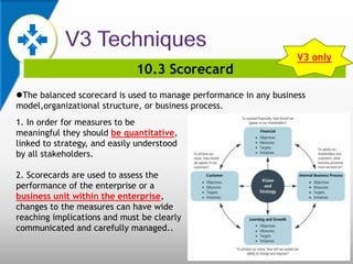 10.3 Scorecard
The balanced scorecard is used to manage performance in any business
model,organizational structure, or business process.
1. In order for measures to be
meaningful they should be quantitative,
linked to strategy, and easily understood
by all stakeholders.
2. Scorecards are used to assess the
performance of the enterprise or a
business unit within the enterprise,
changes to the measures can have wide
reaching implications and must be clearly
communicated and carefully managed..
V3 only
 