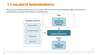 10
7.3 VALIDATE REQUIREMENTS
The purpose of Validate Requirements is to ensure that all requirements and designs align to the business
requirements and support the delivery of needed value.
 