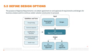 12
5.5 DEFINE DESIGN OPTIONS
The purpose of Approve Requirements is to obtain agreement on and approval of requirements and designs for
business analysis work to continue and/or solution construction to proceed.
 