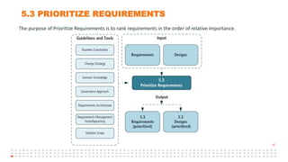 10
5.3 PRIORITIZE REQUIREMENTS
The purpose of Prioritize Requirements is to rank requirements in the order of relative importance.
 