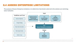 11
8.4 ASSESS ENTERPRISE LIMITATIONS
The purpose of Assess Enterprise Limitations is to determine how factors external to the solution are restricting
value realization.
 