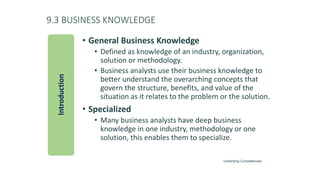 9.3 BUSINESS KNOWLEDGE
• General Business Knowledge
• Defined as knowledge of an industry, organization,
solution or methodology.
• Business analysts use their business knowledge to
better understand the overarching concepts that
govern the structure, benefits, and value of the
situation as it relates to the problem or the solution.
• Specialized
• Many business analysts have deep business
knowledge in one industry, methodology or one
solution, this enables them to specialize.
Introduction
Underlying Competencies
 