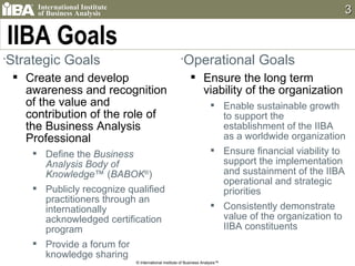 IIBA Goals Strategic Goals Create and develop awareness and recognition of the value and contribution of the role of the Business Analysis Professional Define the  Business Analysis Body of Knowledge ™ ( BABOK ® ) Publicly recognize qualified practitioners through an internationally acknowledged certification program Provide a forum for knowledge sharing Operational Goals Ensure the long term viability of the organization Enable sustainable growth to support the establishment of the IIBA as a worldwide organization Ensure financial viability to support the implementation and sustainment of the IIBA operational and strategic priorities Consistently demonstrate value of the organization to IIBA constituents © International Institute of Business Analysis™ 