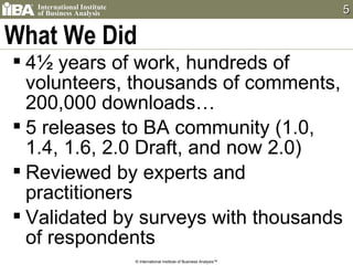 What We Did 4½ years of work, hundreds of volunteers, thousands of comments, 200,000 downloads… 5 releases to BA community (1.0, 1.4, 1.6, 2.0 Draft, and now 2.0) Reviewed by experts and practitioners Validated by surveys with thousands of respondents  © International Institute of Business Analysis™ 