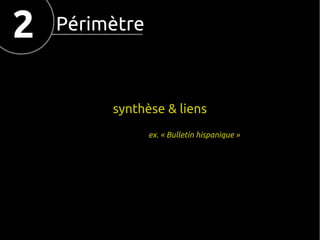2

Périmètre

synthèse & liens
ex. « Bulletin hispanique »

 