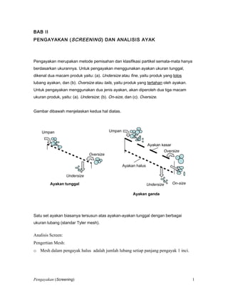 BAB II
PENGAYAKAN (SCREENING) DAN ANALISIS AYAK
Pengayakan merupakan metode pemisahan dan klasifikasi partikel semata-mata hanya
berdasarkan ukurannya. Untuk pengayakan menggunakan ayakan ukuran tunggal,
dikenal dua macam produk yaitu: (a). Undersize atau fine, yaitu produk yang lolos
lubang ayakan, dan (b). Oversize atau tails, yaitu produk yang tertahan oleh ayakan.
Untuk pengayakan menggunakan dua jenis ayakan, akan diperoleh dua tiga macam
ukuran produk, yaitu: (a). Undersize; (b). On-size, dan (c). Oversize.
Gambar dibawah menjelaskan kedua hal diatas.
Satu set ayakan biasanya tersusun atas ayakan-ayakan tunggal dengan berbagai
ukuran lubang (standar Tyler mesh).
Analisis Screen:
Pengertian Mesh:
o Mesh dalam pengayak halus adalah jumlah lubang setiap panjang pengayak 1 inci.
Pengayakan (Screening)
Umpan
Undersize
Oversize
Ayakan tunggal On-size
Umpan
Undersize
Oversize
Ayakan kasar
Ayakan halus
Ayakan ganda
1
 
