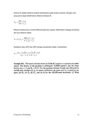 dimana EA adalah efisiensi ayakan berdasarkan pada produk oversize. Dengan cara
yang sama dapat didefinisikan efisiensi berbasis B:
)1(
)1(
F
B
B
xF
xB
E
−
−
=
Efisiensi keseluruhan (overall effectiveness) dari ayakan didefinisikan sebagai kombinasi
dari dua efisiensi diatas:
)1(
)1(
2
FF
BD
BA
xxF
xDBx
EEE
−
−
==
Substitusi rasio (D/F) dan (B/F) dengan persamaan diatas, memberikan:
)1()(
)1())((
2
FFFD
BDFDBF
xxxx
xxxxxx
E
−−
−−−
=
Pengayakan (Screening) 21
 