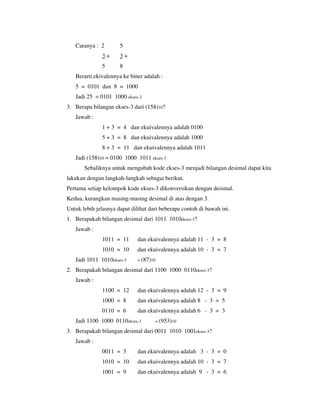 Caranya : 2 5 
3 + 3 + 
5 8 
Berarti ekivalennya ke biner adalah : 
5 = 0101 dan 8 = 1000 
Jadi 25 = 0101 1000 ekses-3 
3. Berapa bilangan ekses-3 dari (158)10? 
Jawab : 
1 + 3 = 4 dan ekuivalennya adalah 0100 
5 + 3 = 8 dan ekuivalennya adalah 1000 
8 + 3 = 11 dan ekuivalennya adalah 1011 
Jadi (158)10 = 0100 1000 1011 ekses-3 
Sebaliknya untuk mengubah kode ekses-3 menjadi bilangan desimal dapat kita 
lakukan dengan langkah-langkah sebagai berikut. 
Pertama setiap kelompok kode ekses-3 dikonversikan dengan desimal. 
Kedua, kurangkan masing-masing desimal di atas dengan 3. 
Untuk lebih jelasnya dapat dilihat dari beberapa contoh di bawah ini. 
1. Berapakah bilangan desimal dari 1011 1010ekses-3? 
Jawab : 
1011 = 11 dan ekuivalennya adalah 11 - 3 = 8 
1010 = 10 dan ekuivalennya adalah 10 - 3 = 7 
Jadi 1011 1010ekses-3 = (87)10 
2. Berapakah bilangan desimal dari 1100 1000 0110ekses-3? 
Jawab : 
1100 = 12 dan ekuivalennya adalah 12 - 3 = 9 
1000 = 8 dan ekuivalennya adalah 8 - 3 = 5 
0110 = 6 dan ekuivalennya adalah 6 - 3 = 3 
Jadi 1100 1000 0110ekses-3 = (953)10 
3. Berapakah bilangan desimal dari 0011 1010 1001ekses-3? 
Jawab : 
0011 = 3 dan ekuivalennya adalah 3 - 3 = 0 
1010 = 10 dan ekuivalennya adalah 10 - 3 = 7 
1001 = 9 dan ekuivalennya adalah 9 - 3 = 6 
 
