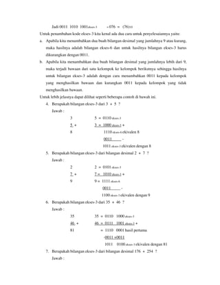 Jadi 0011 1010 1001ekses-3 = 076 = (76)10 
Untuk penambahan kode ekses-3 kita kenal ada dua cara untuk penyelesaiannya yaitu: 
a. Apabila kita menambahkan dua buah bilangan desimal yang jumlahnya 9 atau kurang, 
maka hasilnya adalah bilangan ekses-6 dan untuk hasilnya bilangan ekses-3 harus 
dikurangkan dengan 0011. 
b. Apabila kita menambahkan dua buah bilangan desimal yang jumlahnya lebih dari 9, 
maka terjadi bawaan dari satu kelompok ke kelompok berikutnya sehingga hasilnya 
untuk bilangan ekses-3 adalah dengan cara menambahkan 0011 kepada kelompok 
yang menghasilkan bawaan dan kurangkan 0011 kepada kelompok yang tidak 
menghasilkan bawaan. 
Untuk lebih jelasnya dapat dilihat seperti beberapa contoh di bawah ini. 
4. Berapakah bilangan ekses-3 dari 3 + 5 ? 
Jawab : 
3 5 = 0110 ekses-3 
5 + 3 = 1000 ekses-3 + 
8 1110 ekses-6 ekivalen 8 
0011 - 
1011 ekses-3 ekivalen dengan 8 
5. Berapakah bilangan ekses-3 dari bilangan desimal 2 + 7 ? 
Jawab : 
2 2 = 0101 ekses-3 
7 + 7 = 1010 ekses-3 + 
9 9 = 1111 ekses-6 
0011 - 
1100 ekses-3 ekivalen dengan 9 
6. Berapakah bilangan ekses-3 dari 35 + 46 ? 
Jawab : 
35 35 = 0110 1000 ekses-3 
46 + 46 = 0111 1001 ekses-3 + 
81 = 1110 0001 hasil pertama 
-0011 +0011 
1011 0100 ekses-3 ekivalen dengan 81 
7. Berapakah bilangan ekses-3 dari bilangan desimal 176 + 254 ? 
Jawab : 
 