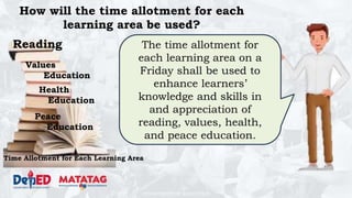 DEPARTMENT OF EDUCATION
Reading
Values
Education
Health
Education
Peace
Education
Time Allotment for Each Learning Area
How will the time allotment for each
learning area be used?
The time allotment for
each learning area on a
Friday shall be used to
enhance learners’
knowledge and skills in
and appreciation of
reading, values, health,
and peace education.
Values
Education
 