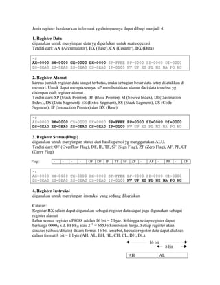 Jenis register berdasarkan informasi yg disimpannya dapat dibagi menjadi 4.

1. Register Data
digunakan untuk menyimpan data yg diperlukan untuk suatu operasi
Terdiri dari: AX (Accumulator), BX (Base), CX (Counter), DX (Data)

-r
AX=0000 BX=0000 CX=0000 DX=0000 SP=FFEE BP=0000 SI=0000 DI=0000
DS=0EA0 ES=0EA0 SS=0EA0 CS=0EA0 IP=0100 NV UP EI PL NZ NA PO NC

2. Register Alamat
karena jumlah register data sangat terbatas, maka sebagian besar data tetap diletakkan di
memori. Untuk dapat mengaksesnya, uP membutuhkan alamat dari data tersebut yg
disimpan oleh register alamat.
Terdiri dari: SP (Stack Pointer), BP (Base Pointer), SI (Source Index), DI (Destination
Index), DS (Data Segment), ES (Extra Segment), SS (Stack Segment), CS (Code
Segment), IP (Instruction Pointer) dan BX (Base)

-r
AX=0000 BX=0000 CX=0000 DX=0000 SP=FFEE BP=0000 SI=0000 DI=0000
DS=0EA0 ES=0EA0 SS=0EA0 CS=0EA0 IP=0100 NV UP EI PL NZ NA PO NC

3. Register Status (Flags)
digunakan untuk menyimpan status dari hasil operasi yg menggunakan ALU.
Terdiri dari: OF (Overflow Flag), DF, IF, TF, SF (Sign Flag), ZF (Zero Flag), AF, PF, CF
(Carry Flag)

Flag :      -     -    -    -    OF   DF   IF    TF   SF    ZF   -   AF   -        PF      -   CF

-r
AX=0000 BX=0000 CX=0000 DX=0000 SP=FFEE BP=0000 SI=0000 DI=0000
DS=0EA0 ES=0EA0 SS=0EA0 CS=0EA0 IP=0100 NV UP EI PL NZ NA PO NC

4. Register Instruksi
digunakan untuk menyimpan instruksi yang sedang dikerjakan

Catatan:
Register BX selain dapat digunakan sebagai register data dapat juga digunakan sebagai
register alamat
Lebar semua register uP8088 adalah 16 bit = 2 byte. Sehingga setiap register dapat
berharga 0000H s.d. FFFFH atau 216 = 65536 kombinasi harga. Setiap register akan
diakses (dibaca/ditulis) dalam format 16 bit tersebut, kecuali register data dapat diakses
dalam format 8 bit = 1 byte (AH, AL, BH, BL, CH, CL, DH, DL).
                                                                     16 bit
                                                                                   8 bit

                                                           AH                 AL
 