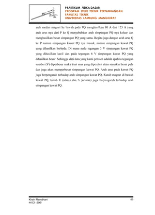 PRAKTIKUM FISIKA DASAR
PROGRAM STUDI TEKNIK PERTAMBANGAN
FAKULTAS TEKNIK
UNIVERSITAS LAMBUNG MANGKURAT
arah medan magnet ke bawah pada PQ menghasilkan 80 A dan 155 A yang
arah arus nya dari P ke Q menyebabkan arah simpangan PQ nya keluar dan
menghasilkan besar simpangan PQ yang sama. Begitu juga dengan arah arus Q
ke P namun simpangan kawat PQ nya masuk, namun simpangan kawat PQ
yang dihasilkan berbeda. Di mana pada tegangan 3 V simpangan kawat PQ
yang dihasilkan kecil dan pada tegangan 6 V simpangan kawat PQ yang
dihasilkan besar. Sehingga dari data yang kami peroleh adalah apabila tegangan
sumber (V) diperbesar maka kuat arus yang diperoleh akan semakin besar pula
dan juga akan memperbesar simpangan kawat PQ. Arah arus pada kawat PQ
juga berpengaruh terhadap arah simpangan kawat PQ. Kutub magnet di bawah
kawat PQ, kutub U (utara) dan S (selatan) juga berpengaruh terhadap arah
simpangan kawat PQ.
Khairi Ramdhani 46
H1C113061
 