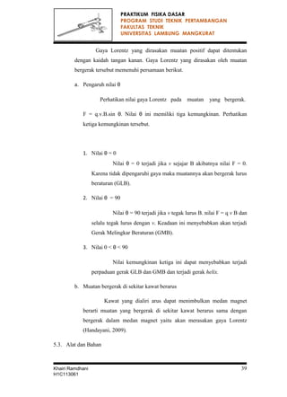 PRAKTIKUM FISIKA DASAR
PROGRAM STUDI TEKNIK PERTAMBANGAN
FAKULTAS TEKNIK
UNIVERSITAS LAMBUNG MANGKURAT
Gaya Lorentz yang dirasakan muatan positif dapat ditentukan
dengan kaidah tangan kanan. Gaya Lorentz yang dirasakan oleh muatan
bergerak tersebut memenuhi persamaan berikut.
a. Pengaruh nilai θ
Perhatikan nilai gaya Lorentz pada muatan yang bergerak.
F = q.v.B.sin θ. Nilai θ ini memiliki tiga kemungkinan. Perhatikan
ketiga kemungkinan tersebut.
1. Nilai θ = 0
Nilai θ = 0 terjadi jika v sejajar B akibatnya nilai F = 0.
Karena tidak dipengaruhi gaya maka muatannya akan bergerak lurus
beraturan (GLB).
2. Nilai θ = 90
Nilai θ = 90 terjadi jika v tegak lurus B. nilai F = q v B dan
selalu tegak lurus dengan v. Keadaan ini menyebabkan akan terjadi
Gerak Melingkar Beraturan (GMB).
3. Nilai 0 < θ < 90
Nilai kemungkinan ketiga ini dapat menyebabkan terjadi
perpaduan gerak GLB dan GMB dan terjadi gerak helix.
b. Muatan bergerak di sekitar kawat berarus
Kawat yang dialiri arus dapat menimbulkan medan magnet
berarti muatan yang bergerak di sekitar kawat berarus sama dengan
bergerak dalam medan magnet yaitu akan merasakan gaya Lorentz
(Handayani, 2009).
5.3. Alat dan Bahan
Khairi Ramdhani 39
H1C113061
 