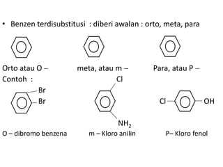 • Benzen terdisubstitusi : diberi awalan : orto, meta, para




Orto atau O           meta, atau m           Para, atau P
Contoh :                         Cl
          Br
          Br                                  Cl              OH

                                  NH2
O – dibromo benzena      m – Kloro anilin       P– Kloro fenol
 