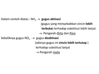 Dalam contoh diatas : NH2     gugus aktivasi
                             (gugus yang menyebabkan cincin lebih
                              terbuka) terhadap substitusi lebih lanjut.
                               Pengarah-Orto dan Para
Sebaliknya gugus NO2     gugus deaktivasi
                        (adanya gugus ini cincin lebih tertutup )
                         terhadap substitusi lanjut
                            Pengarah meta
 