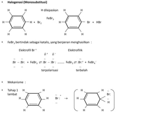 •   Halogenasi (Monosubstitusi)

    H                 H         H dilepaskan           H              H

                                        FeBr3
H                         H + Br2                 H                           Br + HBr


    H                 H                                H              H

•   FeBr3 bertindak sebagai katalis, yang berperan menghasilkan :

              Elektrofil Br +                              Elektrofilik
                                        +

         ..     ..             ..    ..               ..
        :Br    :Br: + FeBr3 ⇄ :Br :Br : ……… FeBr3 ⇄ :Br:+ + FeBr4
         ..     ..             ..    ..               ..
                             terpolarisasi         terbelah


•   Mekanisme :

•   Tahap 1       H                 H                                 H                  H   ..
    lambat                                      .. +                                         Br:
              H                         H       Br :              H                          ..
                                                ..                                           H

                  H                 H                                     H              H
 