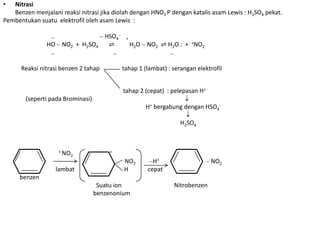 •  Nitrasi
   Benzen menjalani reaksi nitrasi jika diolah dengan HNO3 P dengan katalis asam Lewis : H2SO4 pekat.
Pembentukan suatu elektrofil oleh asam Lewis :

                ..            HSO4          +
               HO NO2 + H2SO4  ⇌                H2O   NO2 ⇌ H2O : + +NO2
                ..              ..                           ..

      Reaksi nitrasi benzen 2 tahap        tahap 1 (lambat) : serangan elektrofil


                                           tahap 2 (cepat) : pelepasan H+
        (seperti pada Brominasi)
                                                      H+ bergabung dengan HSO4

                                                                 H2SO4



                    + NO               +
                           2
                                            NO2         H+                   NO2
                  lambat                    H         cepat
     benzen
                                    Suatu ion                  Nitrobenzen
                                   benzenonium
 