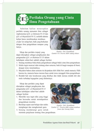 Pendidikan Agama Islam dan Budi Pekerti 87
Sebelum kalian menerapkan
perilaku senang menuntut ilmu sebagai
implementasi Q.S. ar-Rahm±n/55:33 dan
Q.S. al-Muj±dalah/58:11, terlebih dahulu
kalian harus membiasakan membaca 	
al-Qur’±n setiap hari, baik yang berkaitan
dengan ilmu pengetahuan maupun yang
lainya.
Sikap dan perilaku terpuji yang
dapat diterapkan sebagai penghayatan dan
pengamalan Q.S. ar-Rahm±n/55:33 dalam
kehidupan sehari-hari adalah sebagai berikut.
1.	 Senang membaca buku-buku pengetahuan sebagai bukti cinta ilmu pengetahuan.
2.	 Selalu ingin mencari tahu tentang alam semesta, baik di langit maupun di bumi,
dengan terus menelaahnya.
3.	 Meyakini bahwa alam semesta ini diciptakan oleh Allah Swt. untuk manusia. Oleh
karena itu, manusia harus merasa haus untuk terus menggali ilmu pengetahuan.
4.	 Rendah hati atas kesuksesan yang diraihya dan tidak merasa rendah diri dan
malu terhadap kegagalan yang dialaminya.
Sikap dan perilaku yang dapat
diterapkan sebagai penghayatan dan
pengamalan Q.S. al-Muj±dalah/58:11
dalam kehidupan sehari-hari adalah
sebagai berikut.
1.	 Memiliki rasa ingin tahu yang tinggi
dan berusaha untuk mendapatkan
pengetahuan tersebut.
2.	 Bersikap sopan saat belajar dan selalu
menghargai dan menghormati guru.
3.	 Senang mendatangi guru untuk
meminta penjelasan tentang ilmu pengetahuan.
Perilaku Orang yang Cinta
Ilmu Pengetahuan
E
(Sumber: Dok. Kemdikbud)
Gambar 6.7. Peserta didik sedang membuat
kreasi dari barang bekas
(Sumber: Dok. Kemdikbud)
Gambar 6.6. Peserta didik sedang diskusi
 