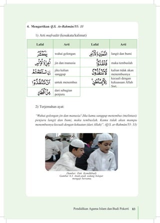 Pendidikan Agama Islam dan Budi Pekerti 83
4.	 Mengartikan Q.S. Ar-Rahm±n/55: 33
1)	Arti mufrad±t (kosakata/kalimat)
Lafal Arti Lafal Arti
wahai golongan langit dan bumi
jin dan manusia maka tembuslah
jika kalian
sanggup
kalian tidak akan
menembusnya
untuk menembus
kecuali dengan
ke­kuasaan Allah
Swt.
dari sebagian
penjuru
2)	Terjemahan ayat:
“Wahai golongan jin dan manusia! Jika kamu sanggup menembus (melintasi)
penjuru langit dan bumi, maka tembuslah. Kamu tidak akan mampu
menembusnya kecuali dengan kekuatan (dari Allah)”. (Q.S. ar-Rahm±n/55: 33)
(Sumber: Dok. Kemdikbud)
Gambar 6.3. Anak-anak sedang belajar
mengaji bersama.
 