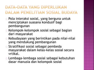 Pola interaksi sosial, yang berguna untuk
menciptakan suasana kondusif bagi
pembangunan
Kelompok-kelompok sosial sebagai bagian
dari masyarakat
Kebudayaan yang berintikan pada nilai-nilai
yang mendukung pembangunan
Stratifikasi sosial sebagai pembeda
masyarakat dalam kelas-kelas sosial secara
vrtikal.
Lembaga-lembaga sosial sebagai kebutuhan
dasar manusia dan kelompok sosial
 