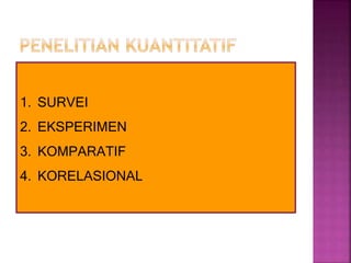1. SURVEI
2. EKSPERIMEN
3. KOMPARATIF
4. KORELASIONAL
 