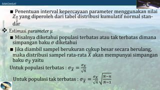 ∎ Penentuan interval kepercayaan parameter menggunakan nilai
𝑍𝛼
2
yang diperoleh dari tabel distribusi kumulatif normal stan-
dar
∎ Misalnya diketahui populasi terbatas atau tak terbatas dimana
simpangan baku 𝜎 diketahui
∎ Jika diambil sampel berukuran cukup besar secara berulang,
maka distribusi sampel rata-rata 𝑋 akan mempunyai simpangan
baku 𝜎𝑋 yaitu
Untuk populasi terbatas : 𝜎𝑋 =
𝜎𝑋
𝑛
Untuk populasi tak terbatas : 𝜎𝑋 =
𝜎𝑋
𝑛
𝑁−𝑛
𝑁−1
 Estimasi parameter μ
 