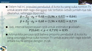 ∎ Dalam hal ini, populasi penduduk di kota itu yang suka nonton TV
untuk acara olah raga dianggap tak terbatas sebab jumlah-nya tak
diketahui, sehingga diperoleh :
𝑝 − 𝑍𝛼
2
∙ 𝜎𝑝 = 0,68 − 1,96 × 0,02 = 0,641
𝑝 + 𝑍𝛼
2
∙ 𝜎𝑝 = 0,68 + 1,96 × 0,02 = 0,719
∎ Jadi, interval kepercayaan 95% untuk estimator 𝑝 adalah :
𝑃 0,641 < 𝑝 < 0,719 = 0,95
∎ Artinya kita percaya 95% bahwa proporsi penduduk di kota itu
yang sesungguhnya suka nonton TV untuk acara olah raga ada-lah
antara 64,1% sampai dengan 71,9%
 