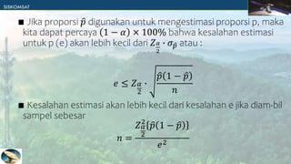∎ Jika proporsi 𝑝 digunakan untuk mengestimasi proporsi p, maka
kita dapat percaya 1 − 𝛼 × 100% bahwa kesalahan estimasi
untuk p (e) akan lebih kecil dari 𝑍𝛼
2
∙ 𝜎𝑝 atau :
𝑒 ≤ 𝑍𝛼
2
∙
𝑝 1 − 𝑝
𝑛
∎ Kesalahan estimasi akan lebih kecil dari kesalahan e jika diam-bil
sampel sebesar
𝑛 =
𝑍𝛼
2
2
𝑝 1 − 𝑝
𝑒2
 