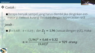 ∎Berapa banyak sampel yang harus diambil jika diinginkan esti-
mator p meleset kurang dari 0,03 dengan kepercayaan 95%
∎ 𝑝 = 0,68 ; e = 0,03 ; dan 𝑍𝛼
2
= 1,96 (sesuai dengan 95%), maka
𝑛 =
1,96 2
× 0,68 × 0,32
0,03 2
= 929 𝑜𝑟𝑎𝑛𝑔
 Contoh :
jawab :
 