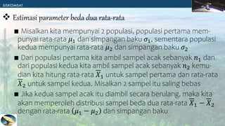 ∎ Misalkan kita mempunyai 2 populasi, populasi pertama mem-
punyai rata-rata 𝜇1 dan simpangan baku 𝜎1, sementara populasi
kedua mempunyai rata-rata 𝜇2 dan simpangan baku 𝜎2
∎ Dari populasi pertama kita ambil sampel acak sebanyak 𝑛1 dan
dari populasi kedua kita ambil sampel acak sebanyak 𝑛2 kemu-
dian kita hitung rata-rata 𝑋1 untuk sampel pertama dan rata-rata
𝑋2 untuk sampel kedua. Misalkan 2 sampel itu saling bebas
∎ Jika kedua sampel acak itu diambil secara berulang, maka kita
akan memperoleh distribusi sampel beda dua rata-rata 𝑋1 − 𝑋2
dengan rata-rata 𝜇1 − 𝜇2 dan simpangan baku
 Estimasi parameter beda dua rata-rata
 