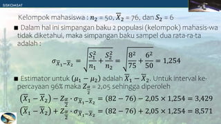Kelompok mahasiswa : 𝑛2 = 50, 𝑋2 = 76, dan 𝑆2 = 6
∎ Dalam hal ini simpangan baku 2 populasi (kelompok) mahasis-wa
tidak diketahui, maka simpangan baku sampel dua rata-ra-ta
adalah :
𝜎𝑋1−𝑋2
=
𝑆1
2
𝑛1
+
𝑆2
2
𝑛2
=
82
75
+
62
50
= 1,254
∎ Estimator untuk 𝜇1 − 𝜇2 adalah 𝑋1 − 𝑋2. Untuk interval ke-
percayaan 96% maka 𝑍𝛼
2
= 2,05 sehingga diperoleh
𝑋1 − 𝑋2 − 𝑍𝛼
2
∙ 𝜎𝑋1−𝑋2
= 82 − 76 − 2,05 × 1,254 = 3,429
𝑋1 − 𝑋2 + 𝑍𝛼
2
∙ 𝜎𝑋1−𝑋2
= 82 − 76 + 2,05 × 1,254 = 8,571
 