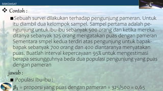 ∎Sebuah survei dilakukan terhadap pengunjung pameran. Untuk
itu diambil dua kelompok sampel. Sampel pertama adalah pe-
ngunjung untuk ibu-ibu sebanyak 500 orang dan ketika mereka
ditanya sebanyak 325 orang mengatakan puas dengan pameran
Sementara smpel kedua terdiri atas pengunjung untuk bapak-
bapak sebanyak 700 orang dan 400 diantaranya menyatakan
puas. Buatlah interval kepercayaan 95% untuk mengestimasi
berapa sesungguhnya beda dua populasi pengunjung yang puas
dengan pameran
∎ Populasi ibu-ibu :
𝑝1 = proporsi yang puas dengan pameran = 325/500 = 0,65
 Contoh :
jawab :
 